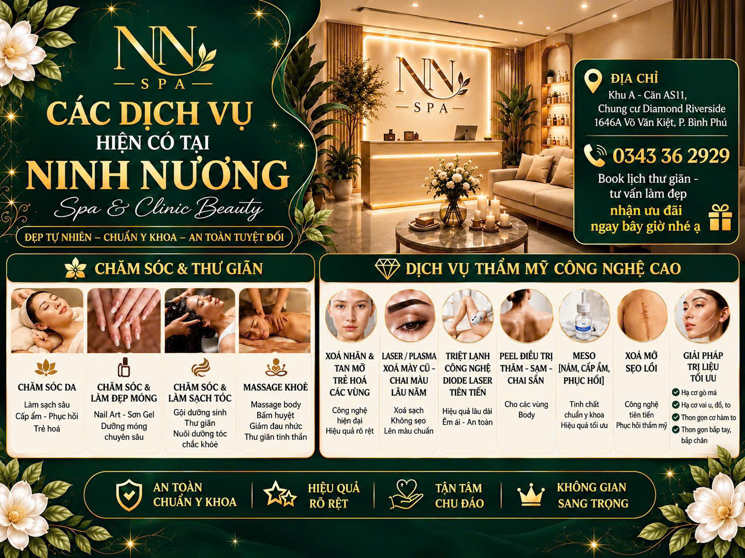 Tổng quan các dịch vụ tại Ninh Nương Spa: chăm sóc da, làm đẹp móng, chăm sóc tóc, massage khoẻ và các dịch vụ làm đẹp công nghệ cao